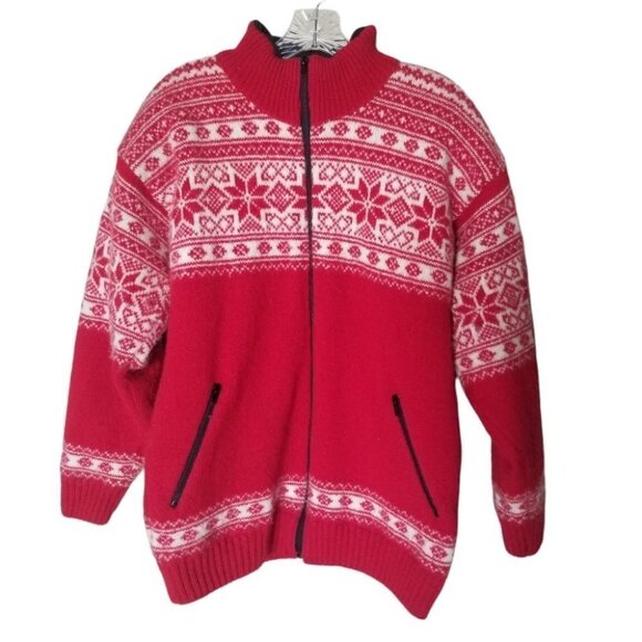 Eskimo Fair Isle Norway Wool Red  White Jacket Lined L - Picture 1 of 14